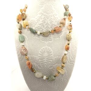 Vintage Beggar's Bead Necklace 36" Long Semi Precious Polished Stones Nuggets